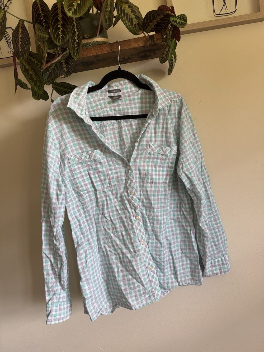 Eddie Bauer‎ Classic Fit Gingham Plaid Button Down Shirt Mint Green Gray [XL]